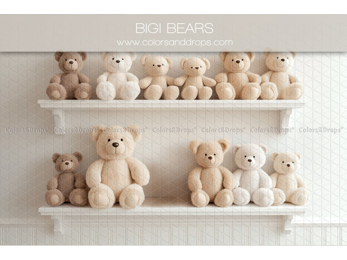 Newborn photo backdrop Bigi Bears II – white shelves with teddy bears | Colors&Drops