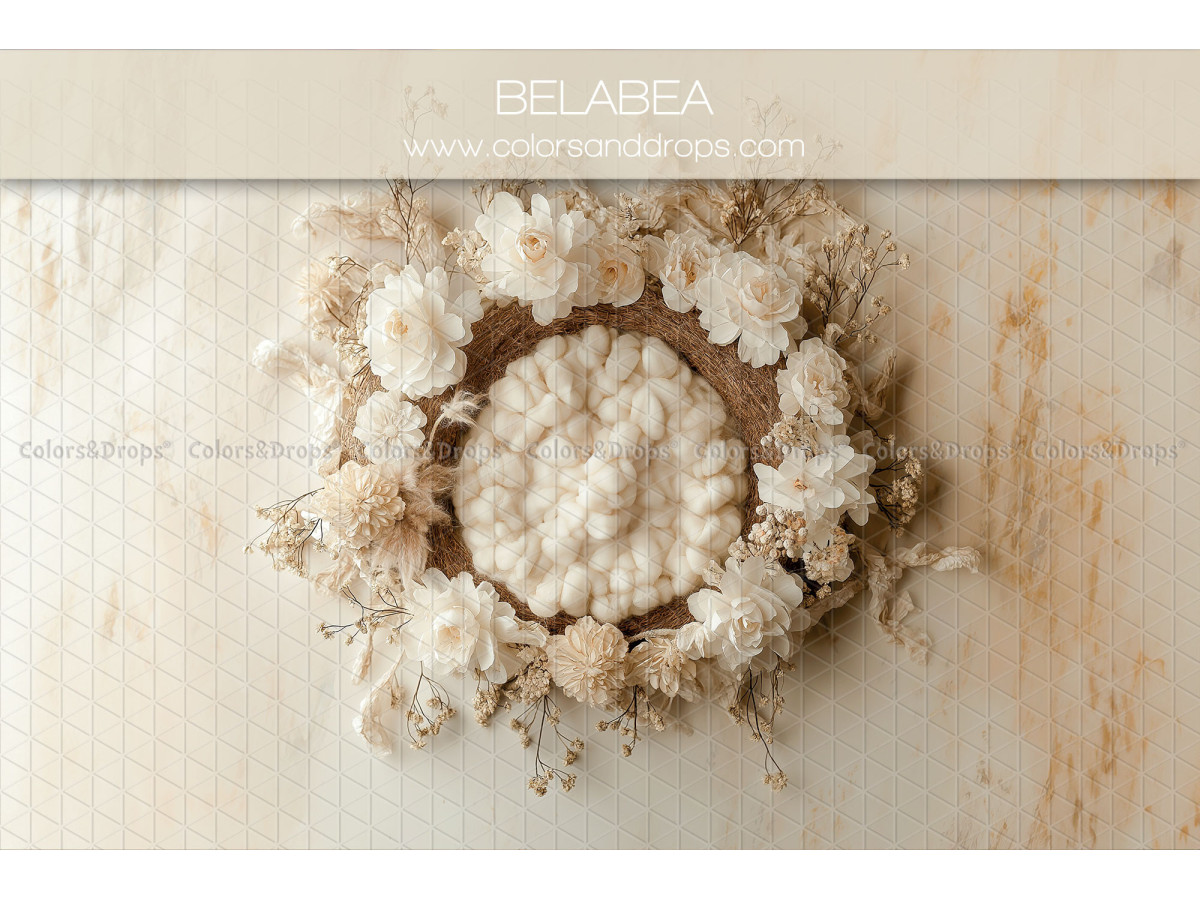 Newborn photo backdrop Belabea – wool nest with white flower wreath | Colors&Drops