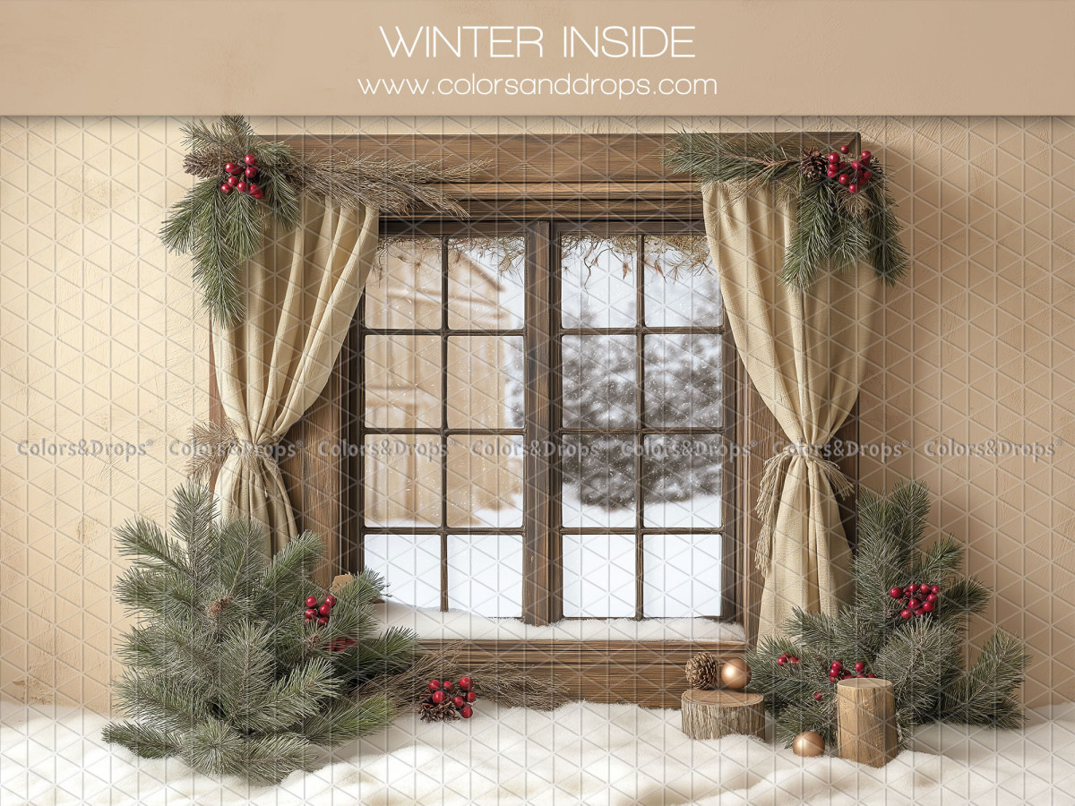 Fondo fotográfico de Navidad Winter Inside – ventana invernal con cortinas y ramas de abeto | Colors&Drops
