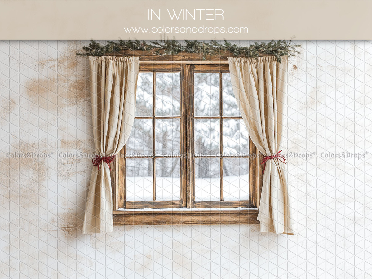 Fondo fotográfico de Navidad In Winter – ventana con cortinas y vista nevada | Colors&Drops