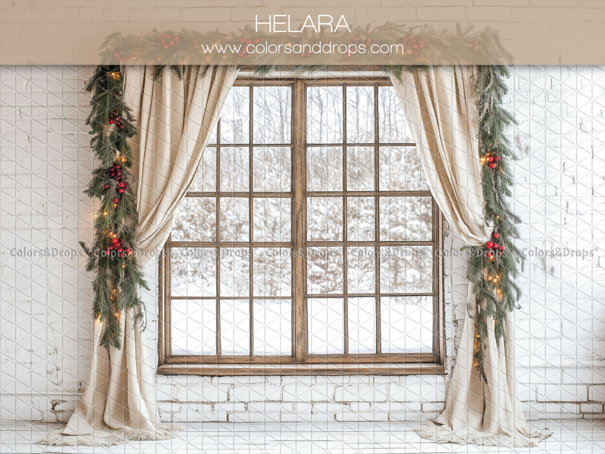 Fondo fotográfico de Navidad Helara – ventana en pared de ladrillo blanco con cortinas y guirnalda | Colors&Drops