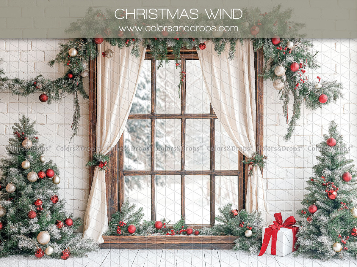 Fondo fotográfico Christmas Wind – ventana navideña con cortinas y árboles | Colors&Drops