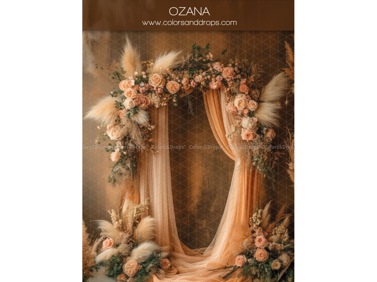 Fond photo grossesse et portrait Ozanna – arche fleurie avec voilages pêche et pampa | Colors&Drops