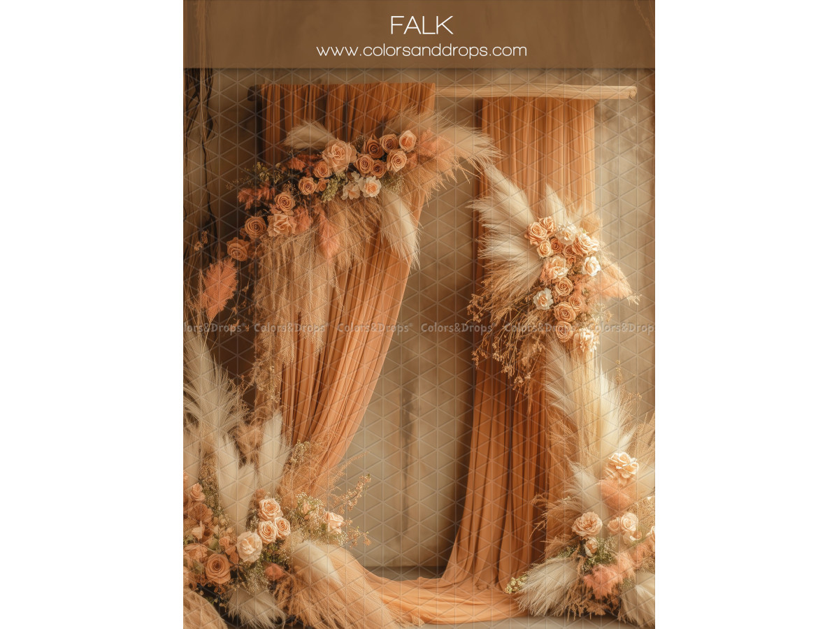 Fondo fotográfico de embarazo y retrato Falk – arco bohemio con visillos melocotón y flores secas | Colors&Drops