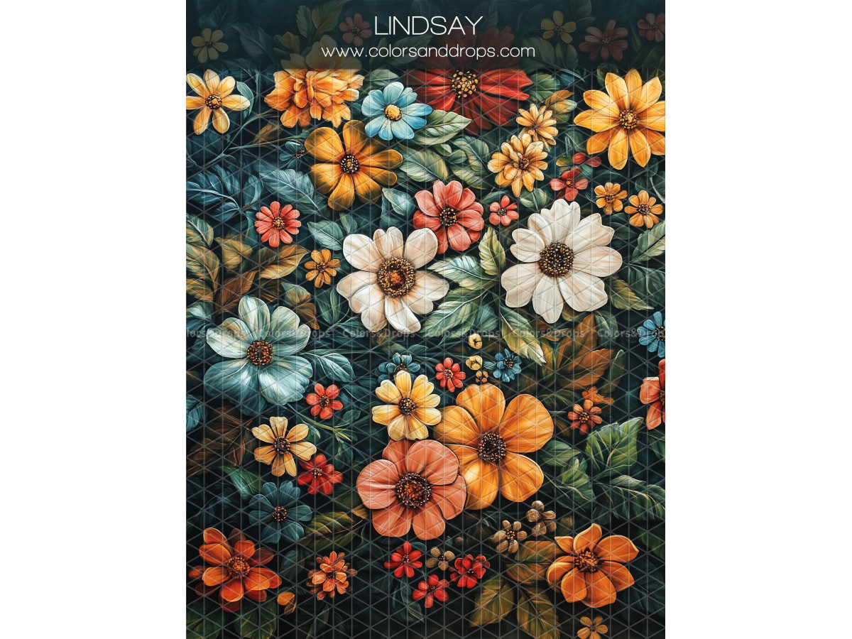 Fond photo grossesse et portrait Lindsay – motif floral dense de fleurs colorées sur fond sombre | Colors&Drops