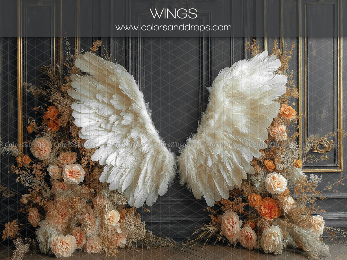 Fondo fotográfico de embarazo y retrato Wings – alas de ángel blancas con flores anaranjadas | Colors&Drops