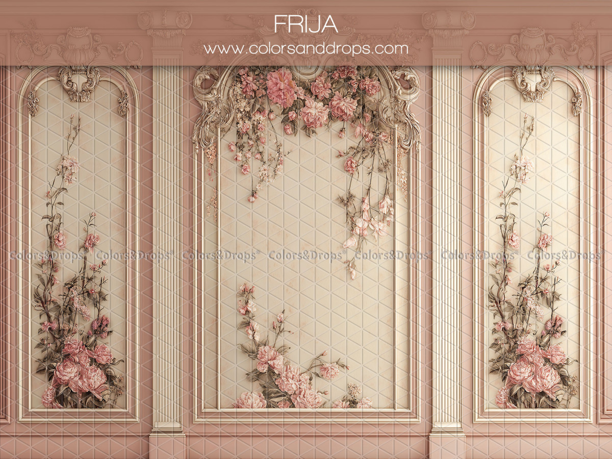 Fondo fotográfico de embarazo y retrato Frija – boiserie clásica rosa con flores pintadas | Colors&Drops