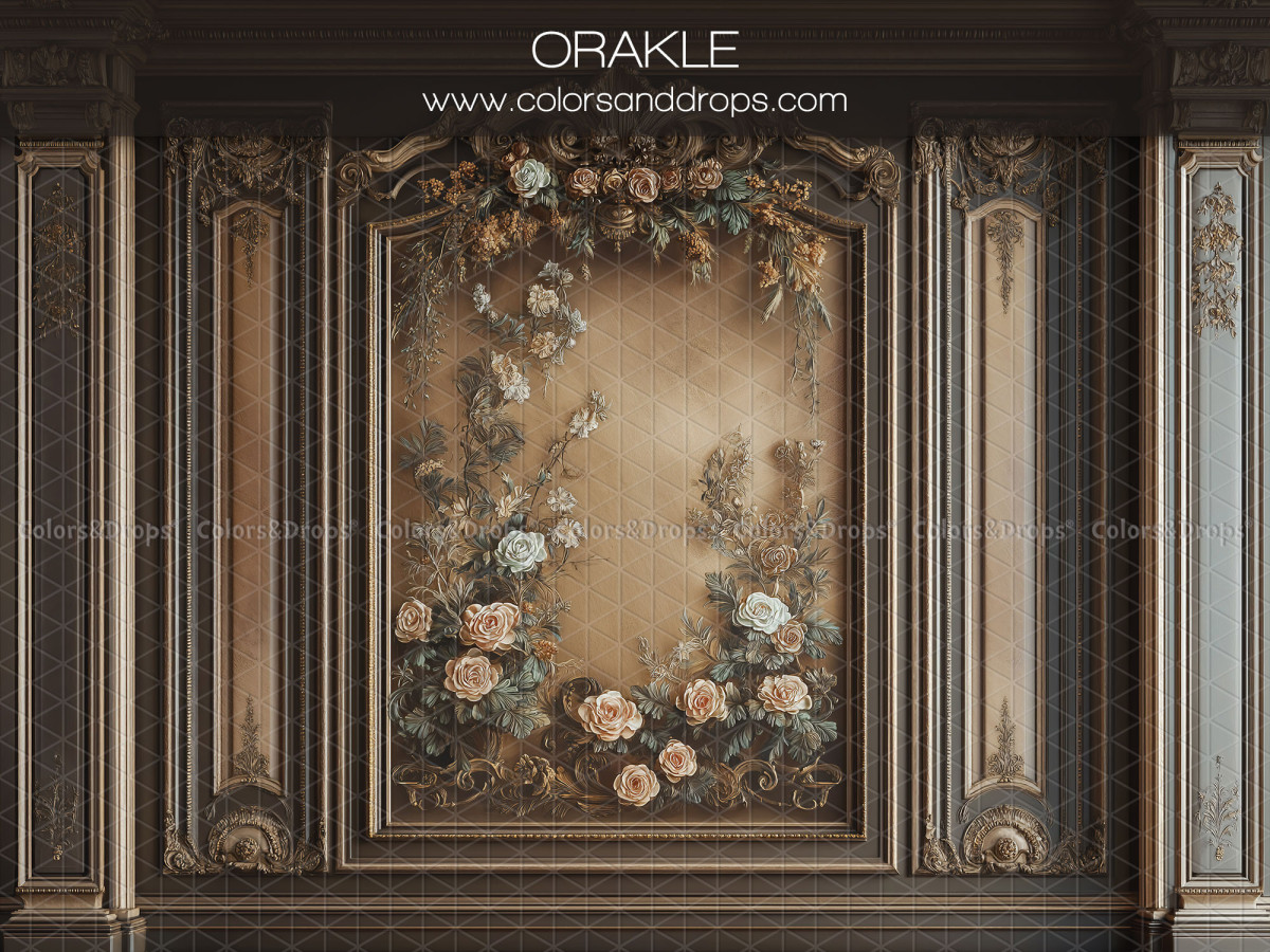 Fondo fotográfico de embarazo y retrato Orakle – boiserie barroca oscura con arco florido | Colors&Drops