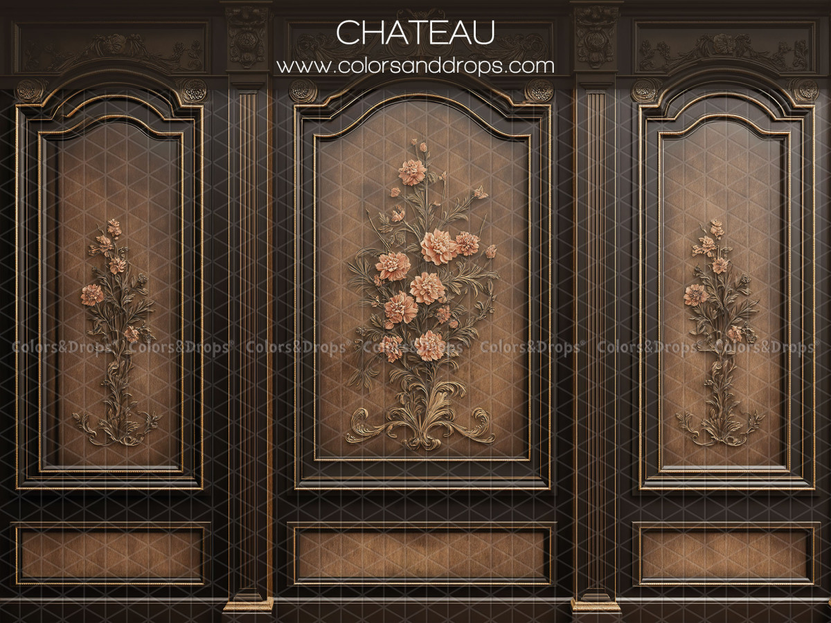 Fondo fotográfico de embarazo y retrato Chateau – boiserie de castillo oscura con rosas talladas | Colors&Drops