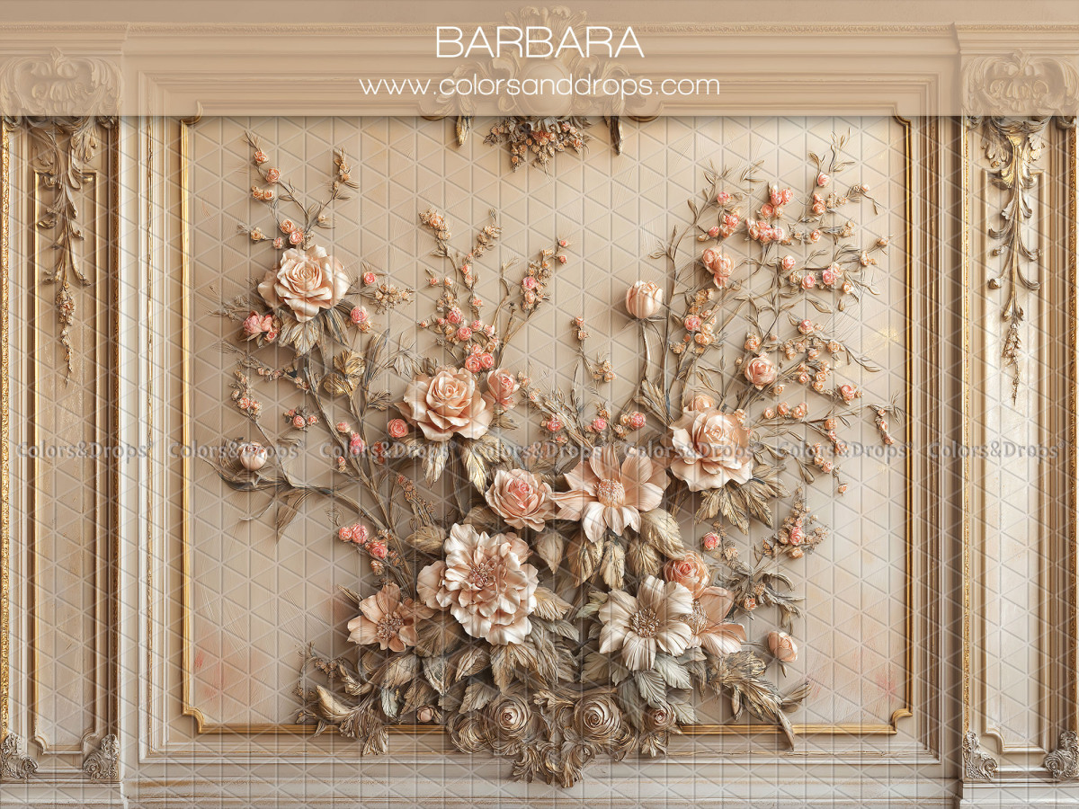 Fondo fotográfico de embarazo y retrato Barbara – boiserie crema con flores talladas en relieve | Colors&Drops