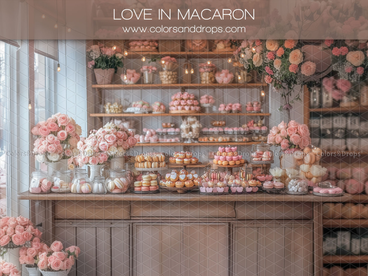 Photo backdrop Love in Macaron – macaron pastry shop with pink flowers | Colors&Drops
