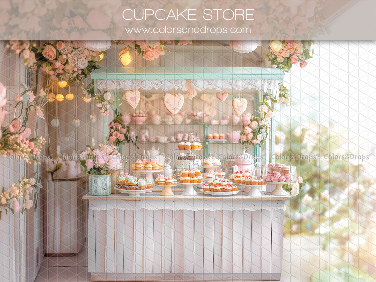 Valentine's Day photo backdrop Cupcake Store – cupcake shop with counter and hearts | Colors&Drops