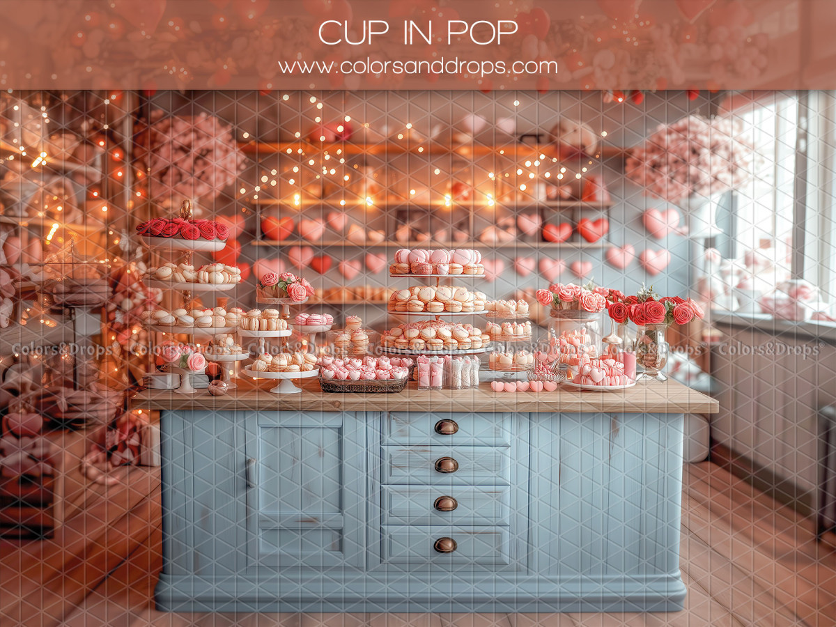 Valentine's Day photo backdrop Cup in Pop – pink pastry shop with blue counter | Colors&Drops