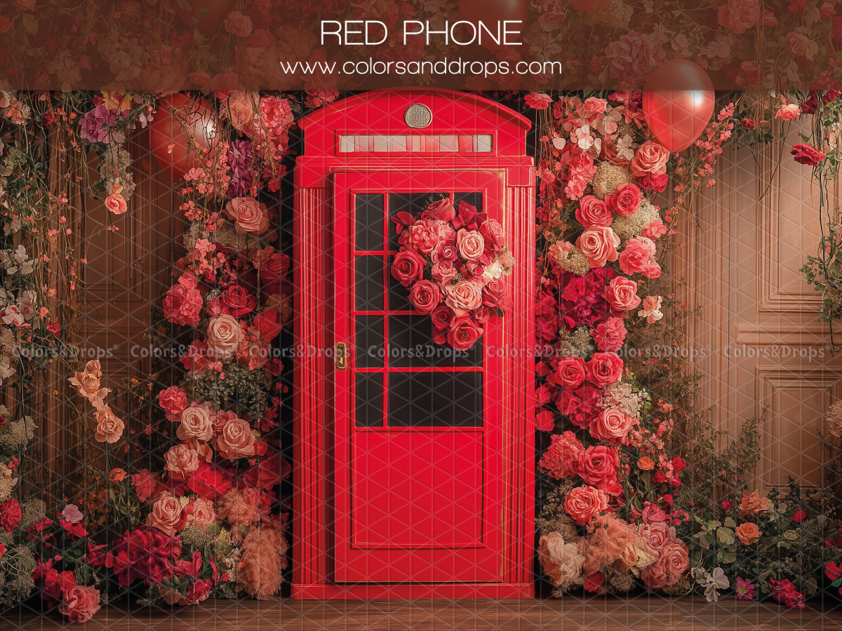 Valentine's Day photo backdrop Red Phone – red phone box surrounded by roses | Colors&Drops