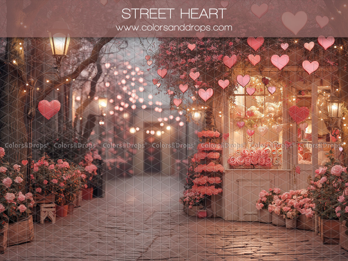 Fond photo Saint-Valentin Street Heart – rue fleurie avec cœurs suspendus et boutiques | Colors&Drops