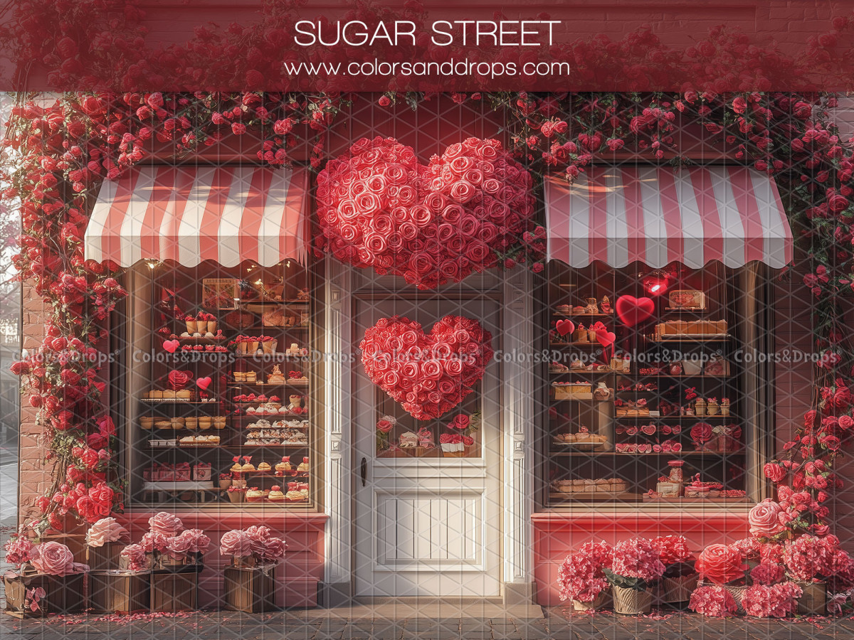 Valentine's Day photo backdrop Sugar Street – pastry shopfront with heart of roses | Colors&Drops