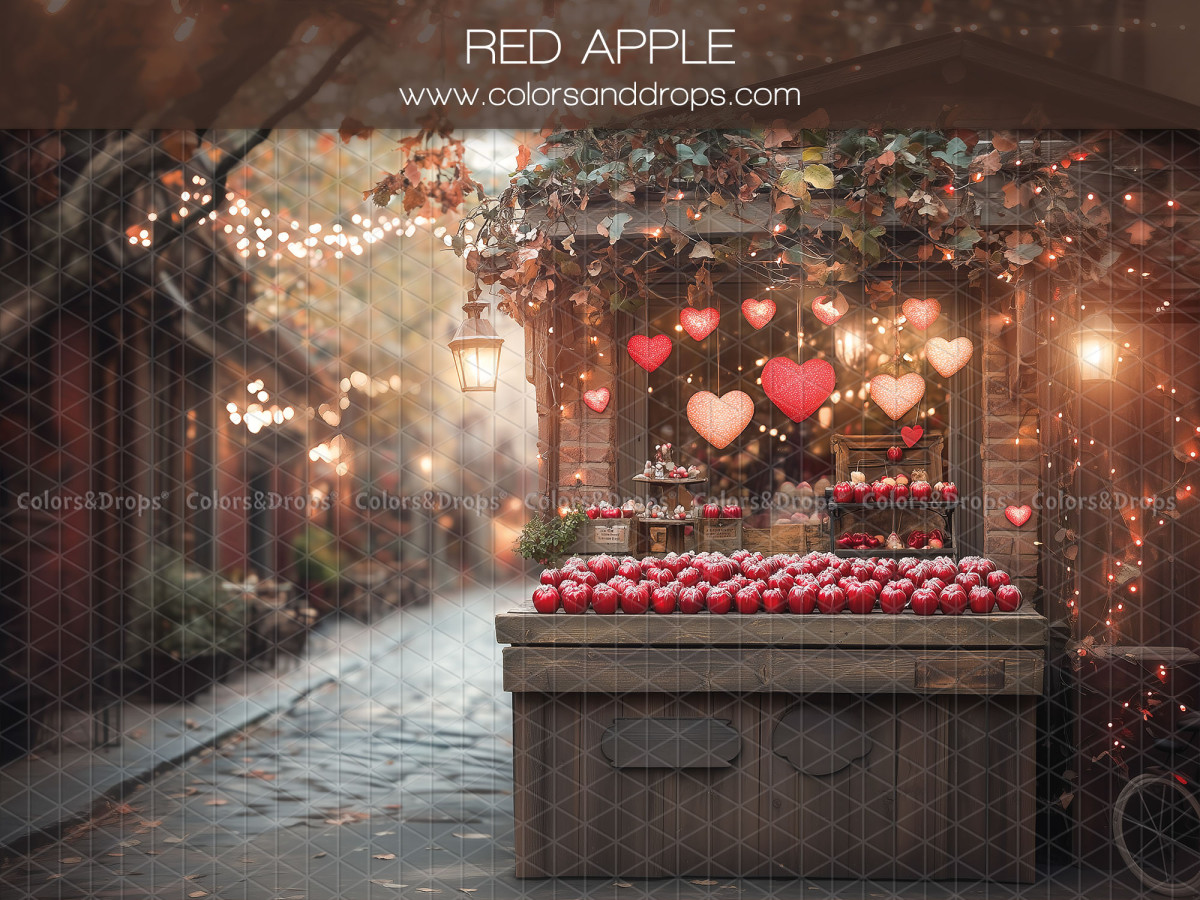 Valentine's Day photo backdrop Red Apple – red apple stall in an alley with hearts | Colors&Drops