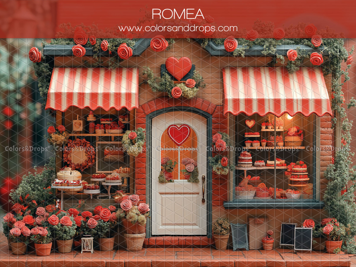 Fond photo Saint-Valentin Romea – devanture de boutique avec stores rayés et cœurs | Colors&Drops