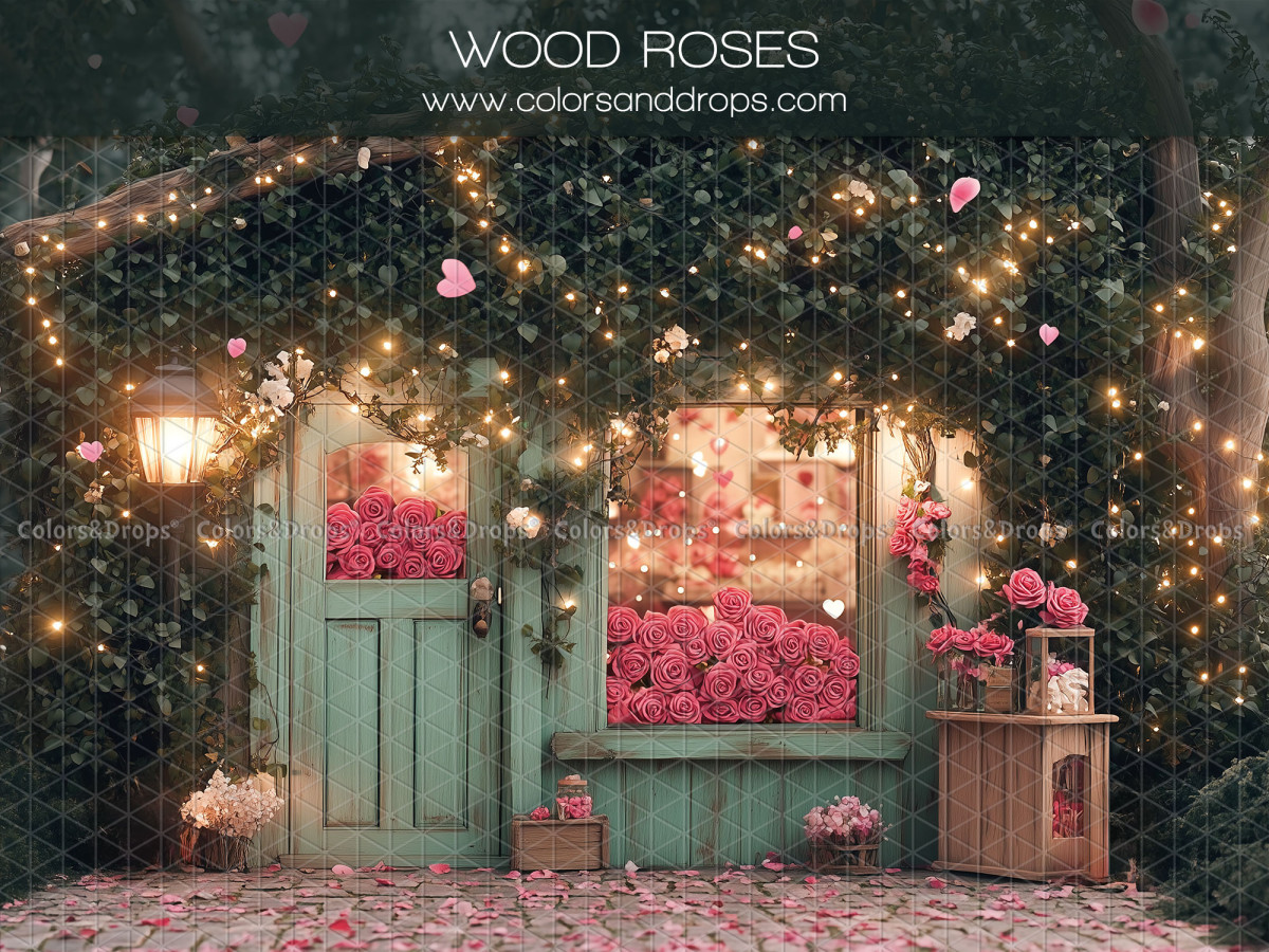Fond photo Saint-Valentin Wood Roses – devanture verte de fleuriste avec roses | Colors&Drops