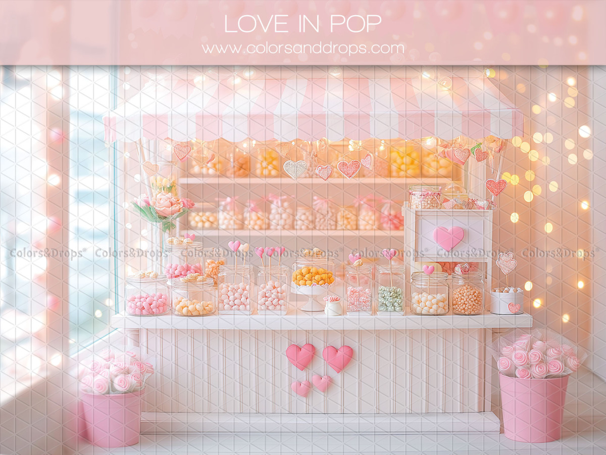 Fond photo Love in Pop – boutique de bonbons rose avec comptoir et cœurs | Colors&Drops
