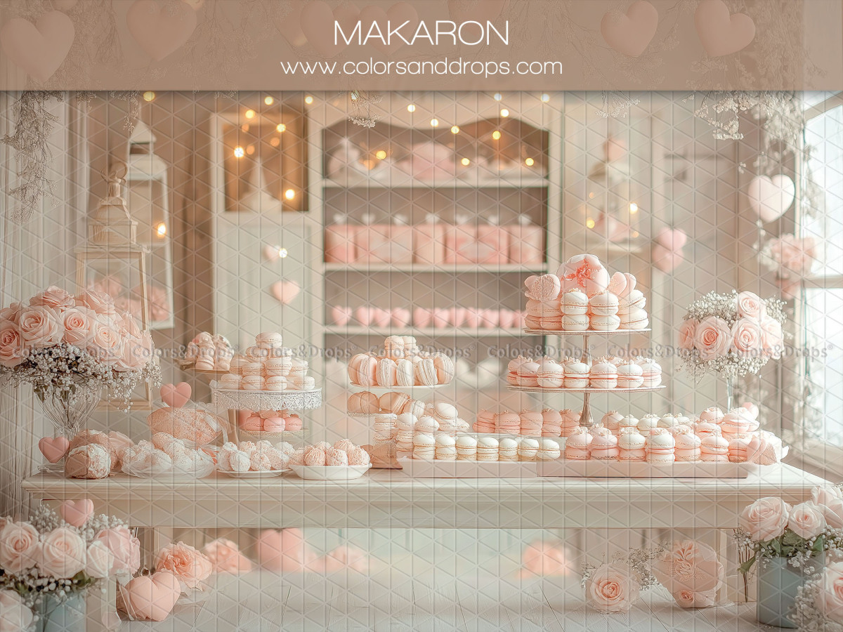 Fondo fotográfico de San Valentín Makaron – pastelería blanca con macarons y flores rosas | Colors&Drops