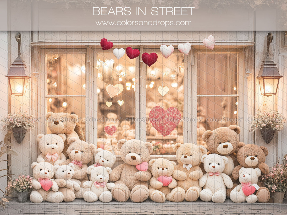 Fondo fotográfico de San Valentín Bears in Street – escaparate con ositos de peluche y corazones | Colors&Drops