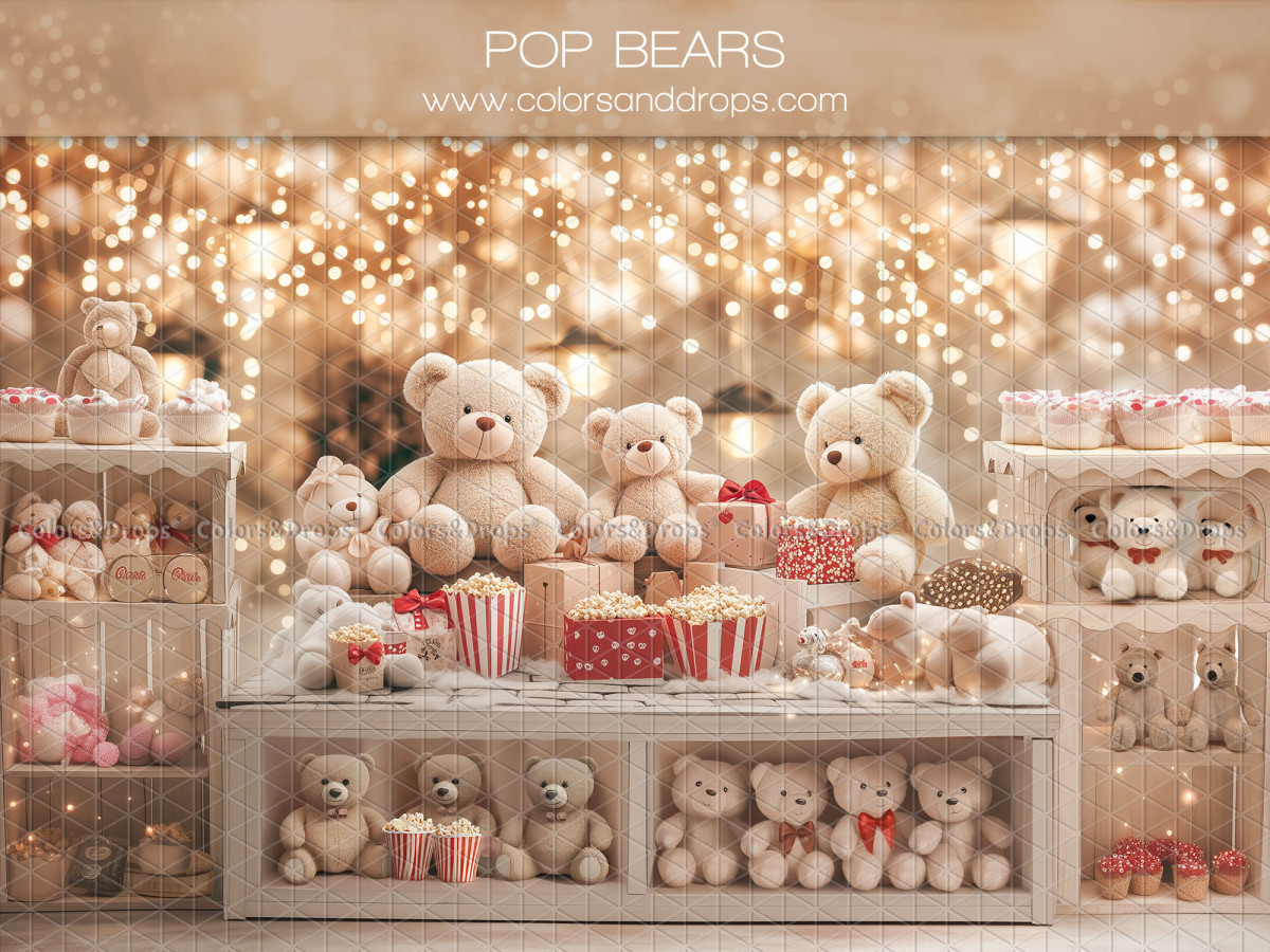 Fondo fotográfico de San Valentín Pop Bears – tienda de ositos de peluche con guirnaldas | Colors&Drops