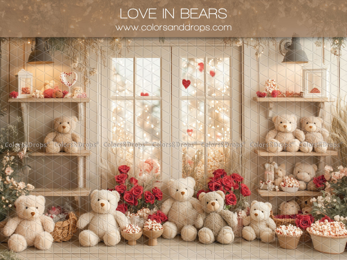 Photo backdrop Love in Bears – white shop with teddy bears and red roses | Colors&Drops