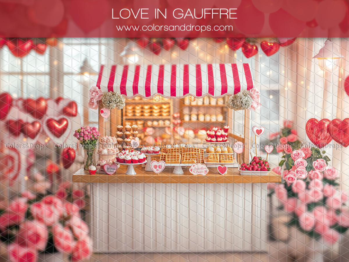 Photo backdrop Love in Gaufre – waffle stand with striped awning and heart balloons | Colors&Drops