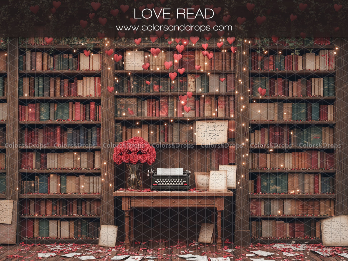 Fondo fotográfico Love Read – biblioteca oscura con escritorio y rosas rojas | Colors&Drops