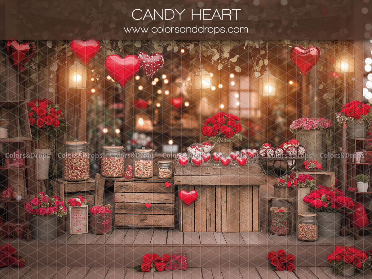 Valentine's Day photo backdrop Candy Heart – candy shop with heart balloons and roses | Colors&Drops