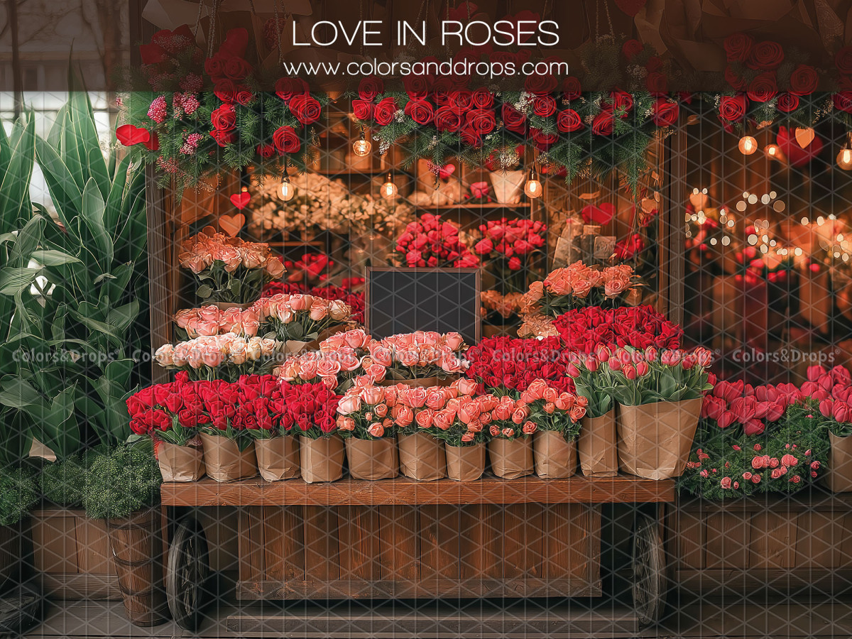 Fond photo Love in Roses – étal de fleuriste avec roses rouges et roses | Colors&Drops