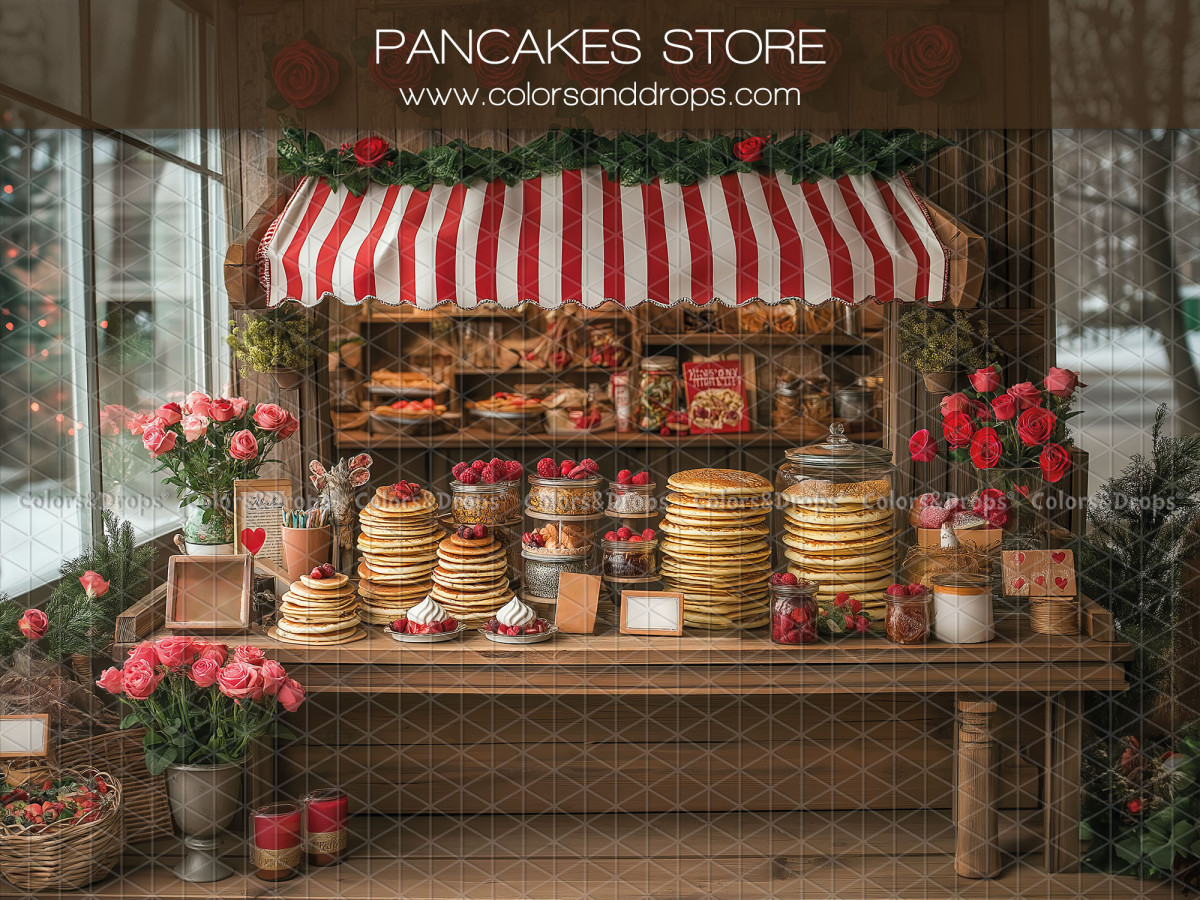 Fondo fotográfico de San Valentín Pancakes Store – puesto de tortitas con toldo rayado y flores | Colors&Drops