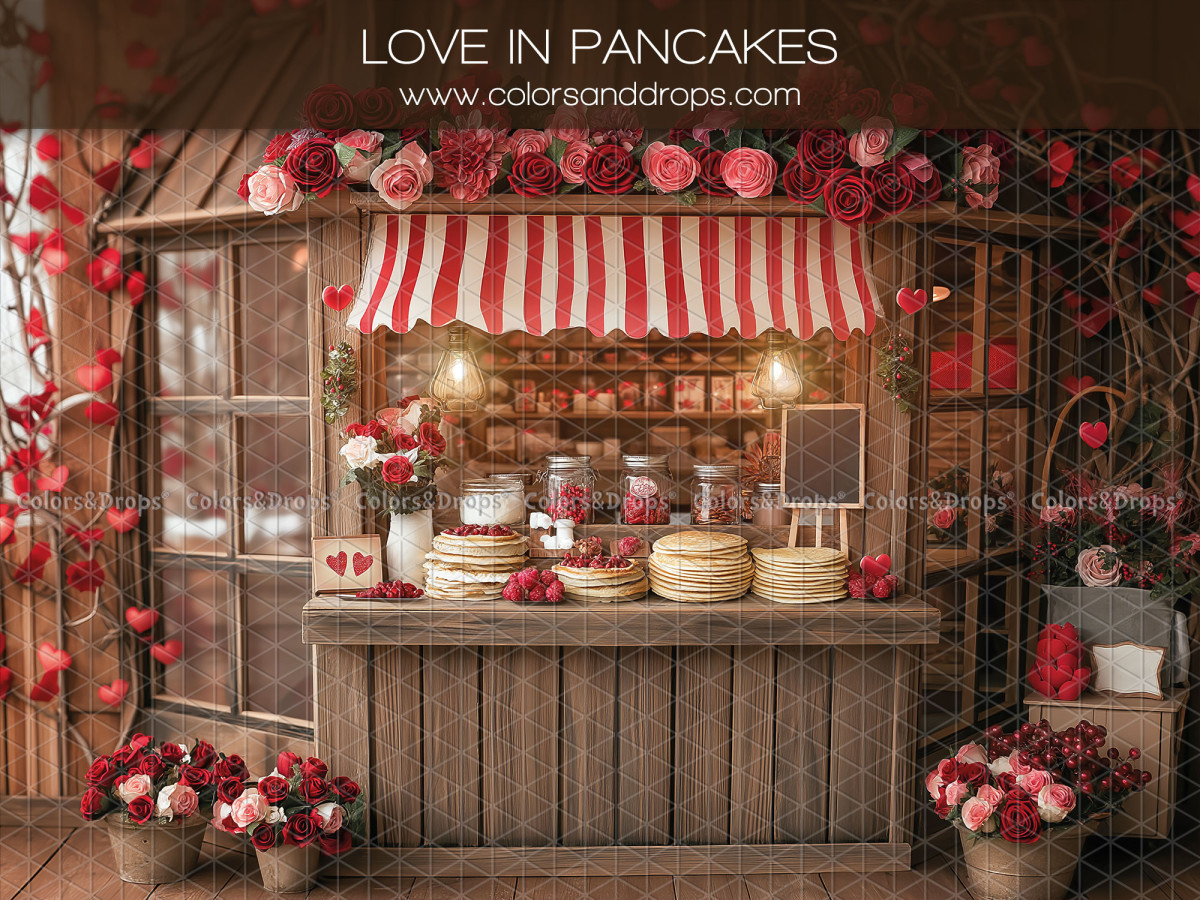 Photo backdrop Love in Pancakes – wooden pancake stand with red roses | Colors&Drops