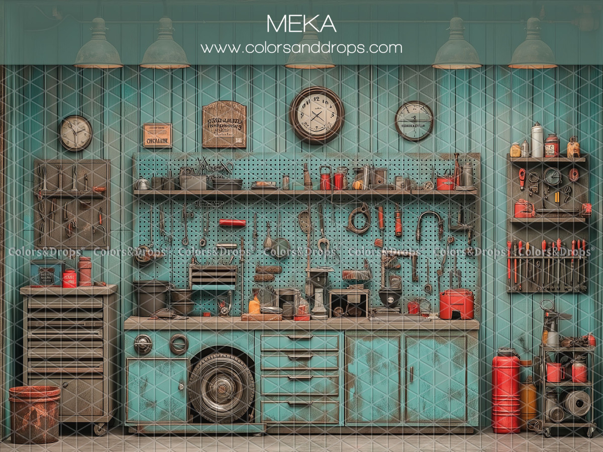 Fond photo bébé et smash cake Meka – atelier de mécanique vintage turquoise avec outils | Colors&Drops