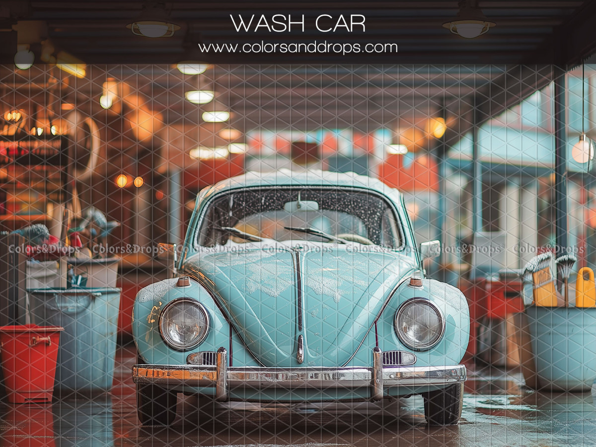 Baby & cake smash photo backdrop Wash Car – blue Beetle car in a car wash garage | Colors&Drops