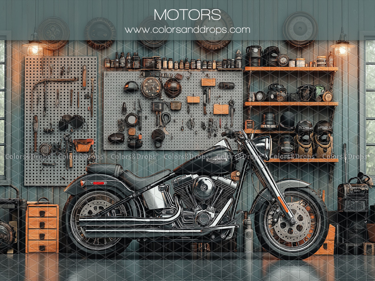 Fondo fotográfico de bebé y smash cake Motors – moto negra en un garaje con herramientas | Colors&Drops
