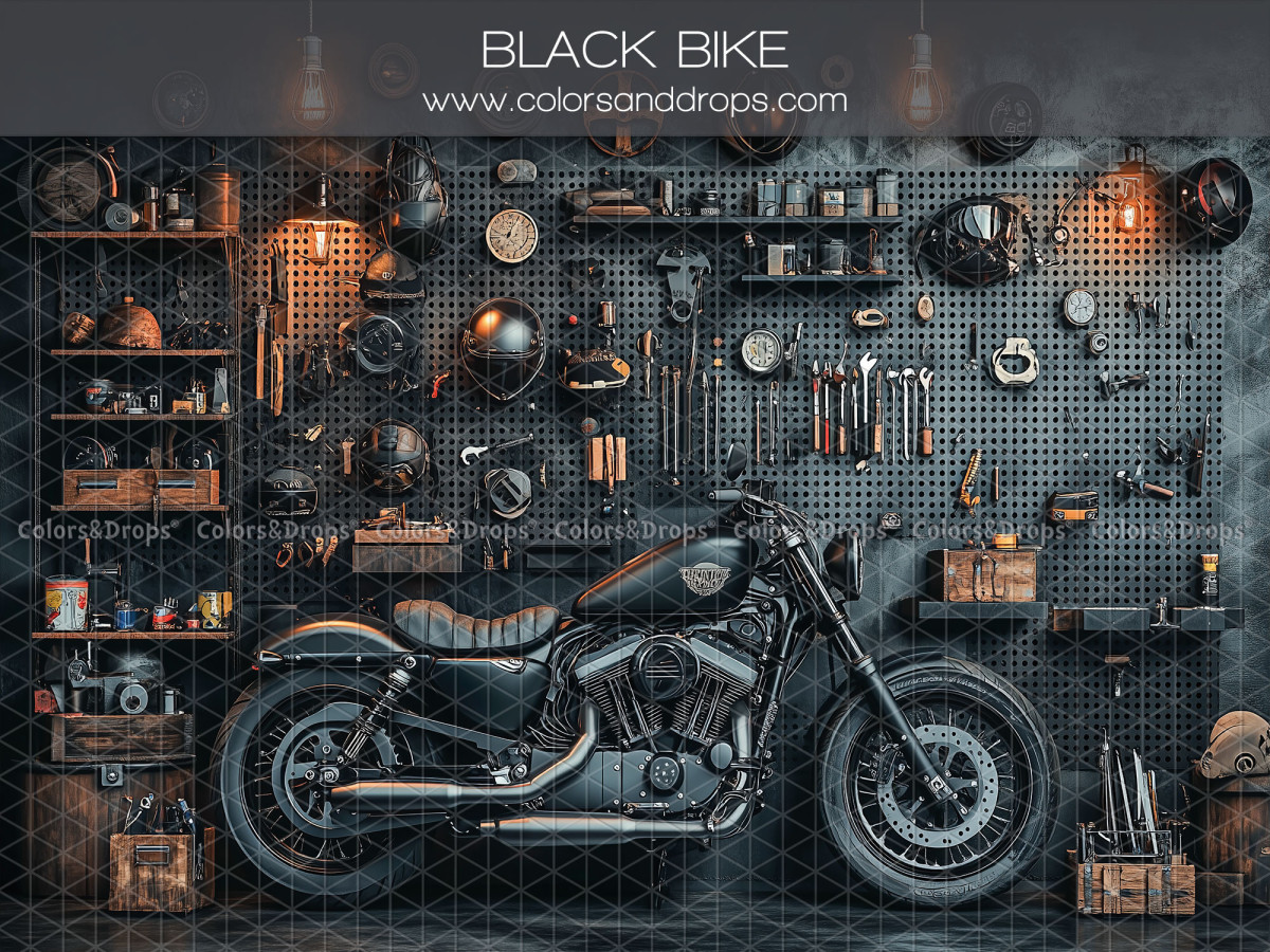Fondo fotográfico de bebé y smash cake Black Bike – moto negra frente a una pared de herramientas oscura | Colors&Drops