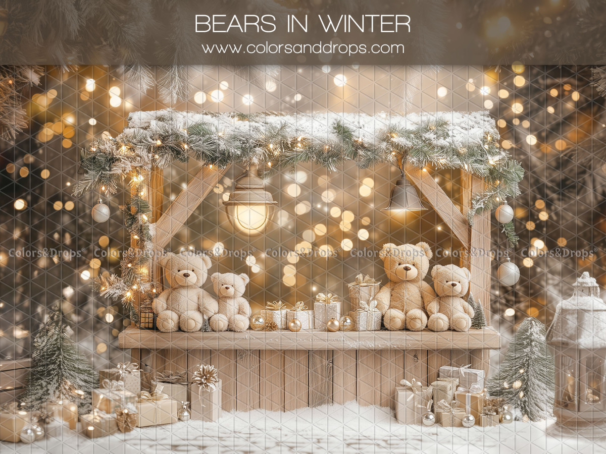Christmas photo backdrop Bears in Winter – wooden stand with teddy bears and fairy lights | Colors&Drops