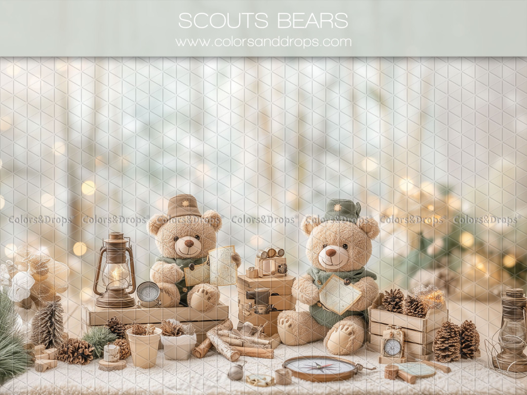 Fond photo bébé et smash cake Scouts Bears – oursons scouts avec lanterne et pommes de pin | Colors&Drops