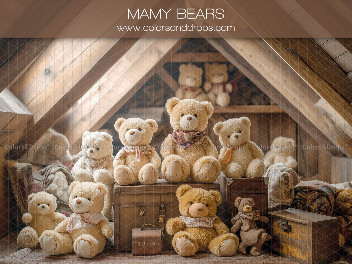 Fond photo bébé et smash cake Mamy Bears – grenier en bois rempli d'oursons en peluche | Colors&Drops