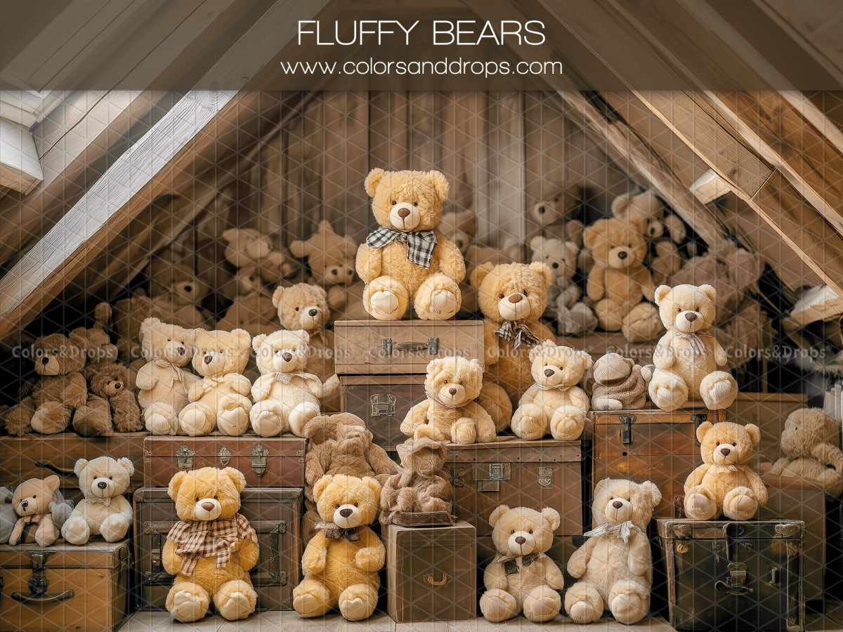 Fond photo bébé et smash cake Fluffy Bears – grenier avec malles et nombreux oursons | Colors&Drops