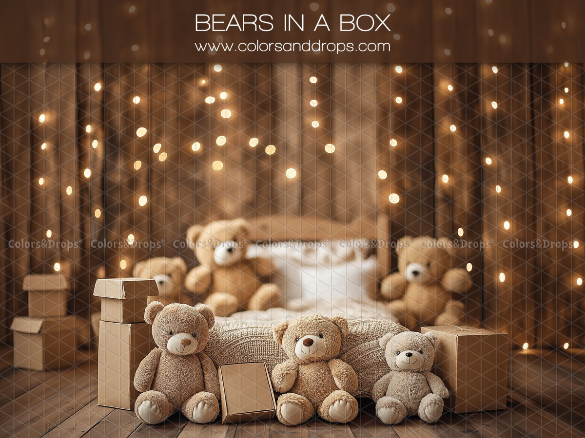 Baby & cake smash photo backdrop Bears in a Box – teddy bears on a bed with fairy lights | Colors&Drops