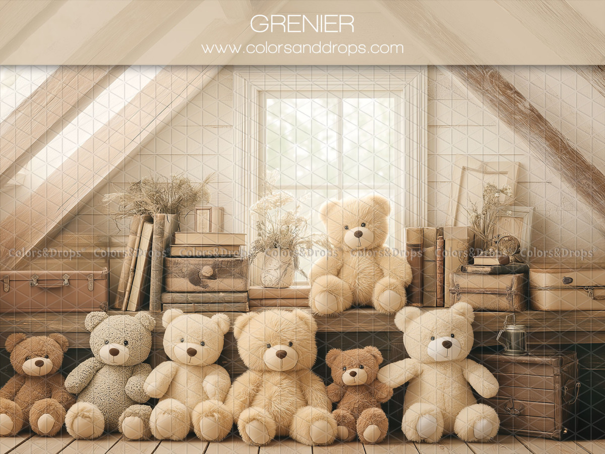 Baby & cake smash photo backdrop Grenier – white attic with teddy bears and window | Colors&Drops
