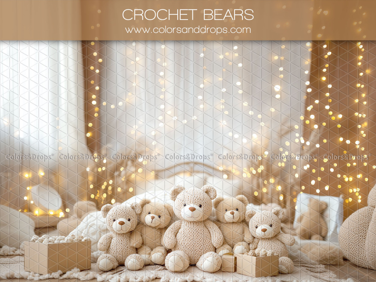 Baby & cake smash photo backdrop Crochet Bears – crochet teddy bears with curtains and fairy lights | Colors&Drops