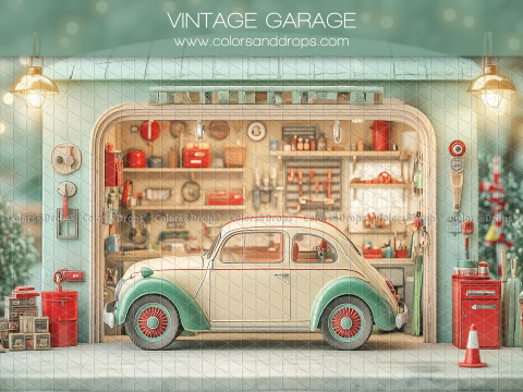 Fond photo bébé et smash cake Vintage Garage – garage vintage vert d'eau avec voiture ancienne | Colors&Drops