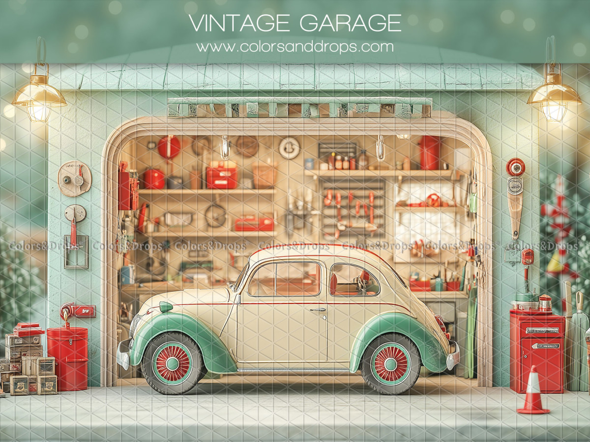 Baby & cake smash photo backdrop Vintage Garage – sea-green vintage garage with classic car | Colors&Drops