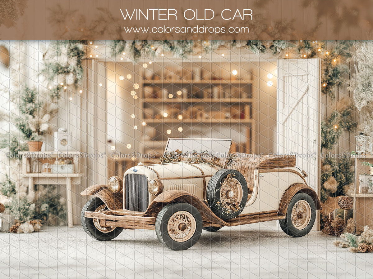 Baby & cake smash photo backdrop Winter Old Car – classic car in a white winter garage | Colors&Drops