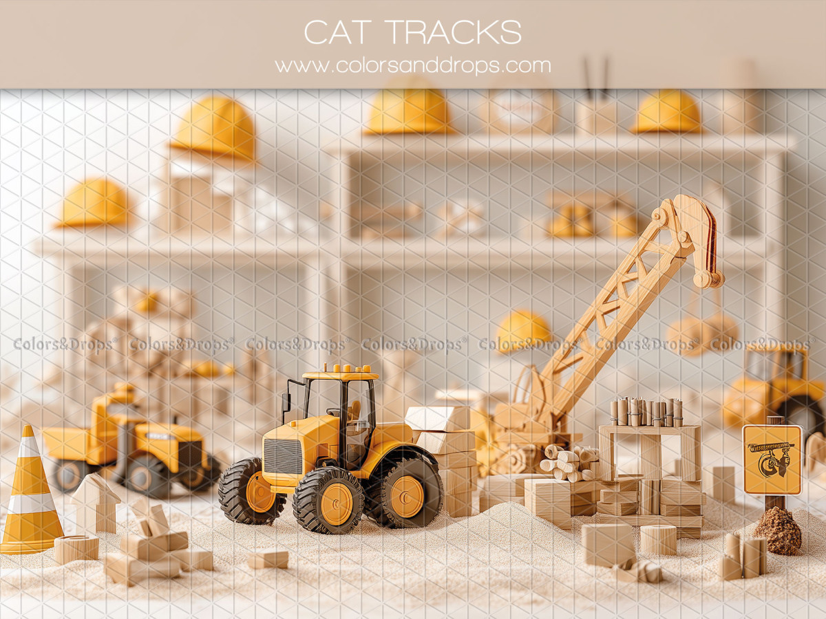 Baby & cake smash photo backdrop Cat Tracks – toy construction site with yellow machines and helmets | Colors&Drops