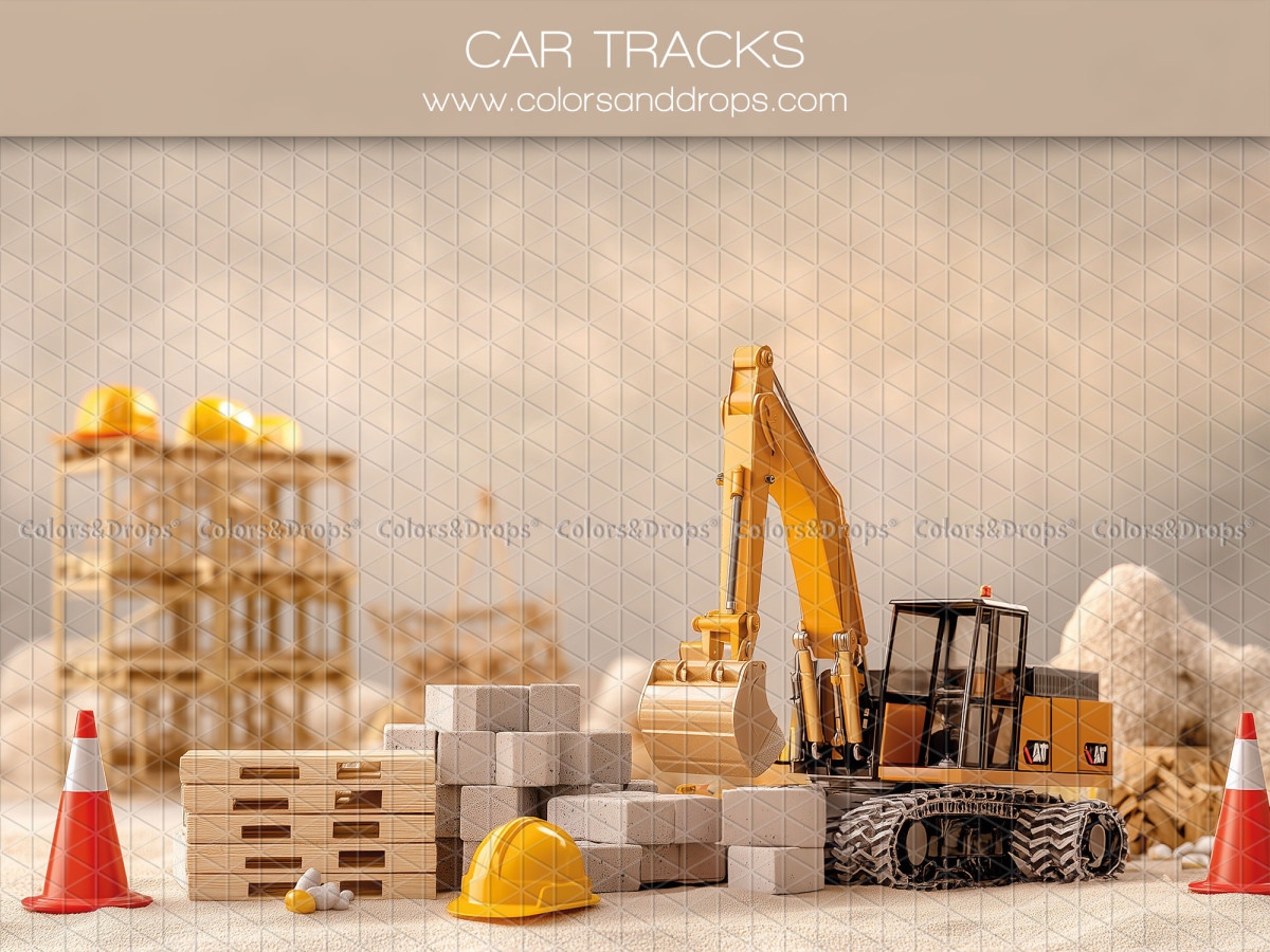 Baby & cake smash photo backdrop Car Tracks – toy excavator with pallets and cones | Colors&Drops